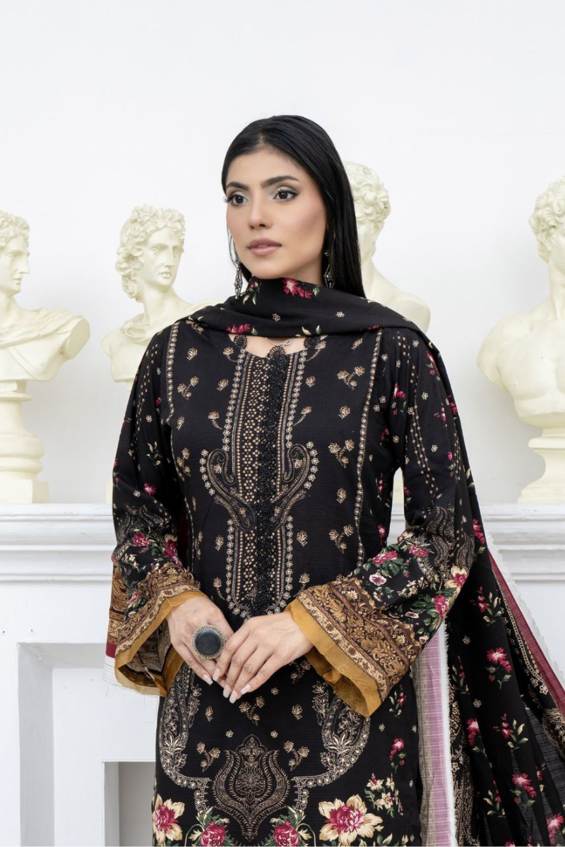 3 Piece - Marooj Unstitched Black BanaDora Linen Suit