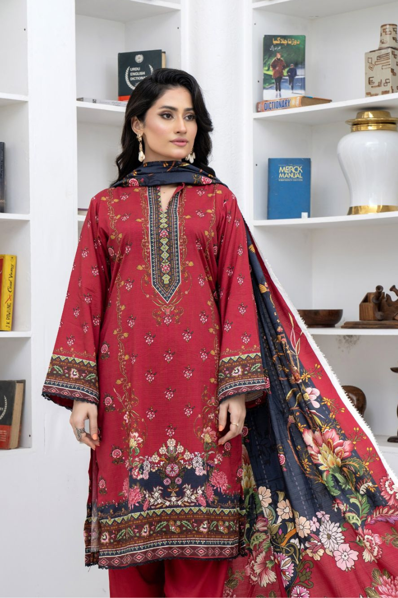 3 Piece - Marooj Unstitched Maroon BanaDora Linen Suit