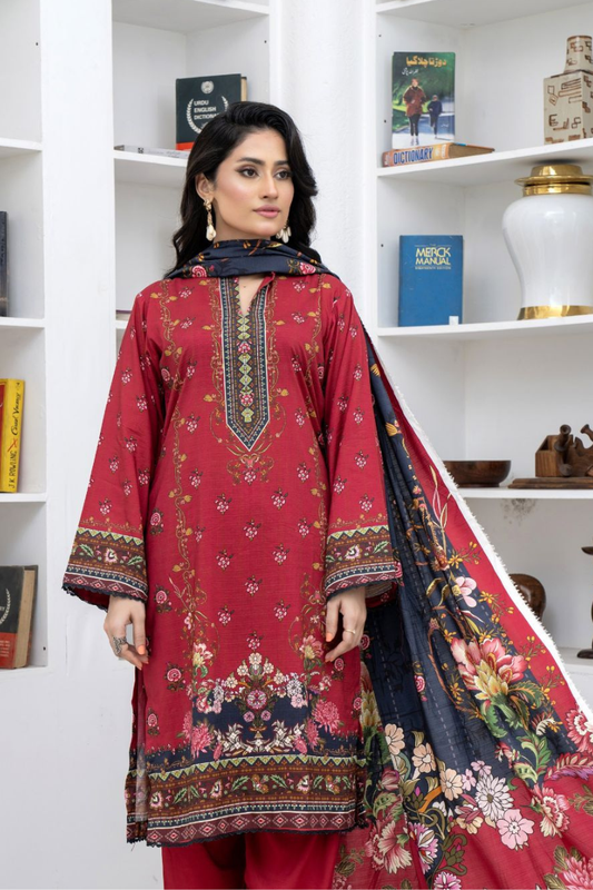 3 Piece - Marooj Unstitched Maroon BanaDora Linen Suit