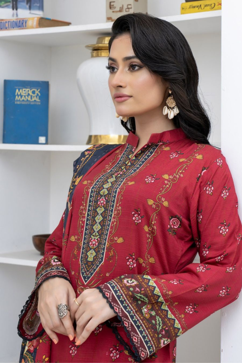 3 Piece - Marooj Unstitched Maroon BanaDora Linen Suit