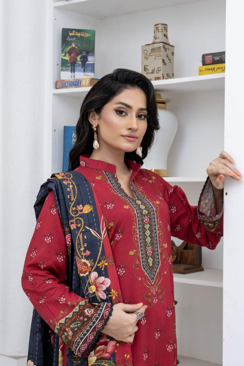 3 Piece - Marooj Unstitched Maroon BanaDora Linen Suit