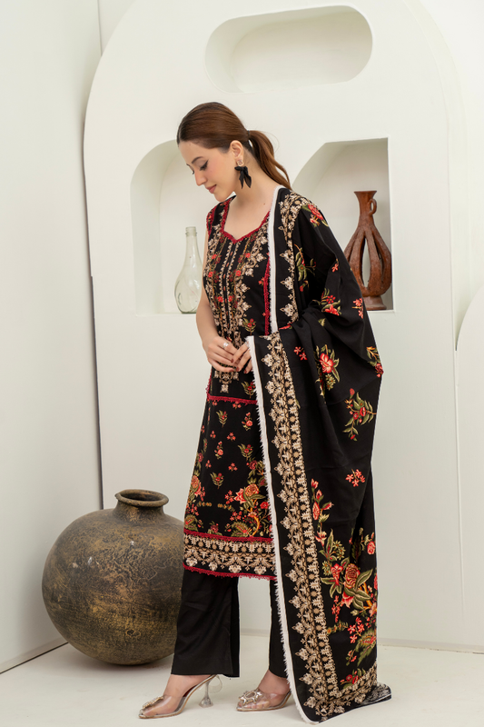 3 Pieces - Marooj Unstitched Black BanaDora Linen Suit