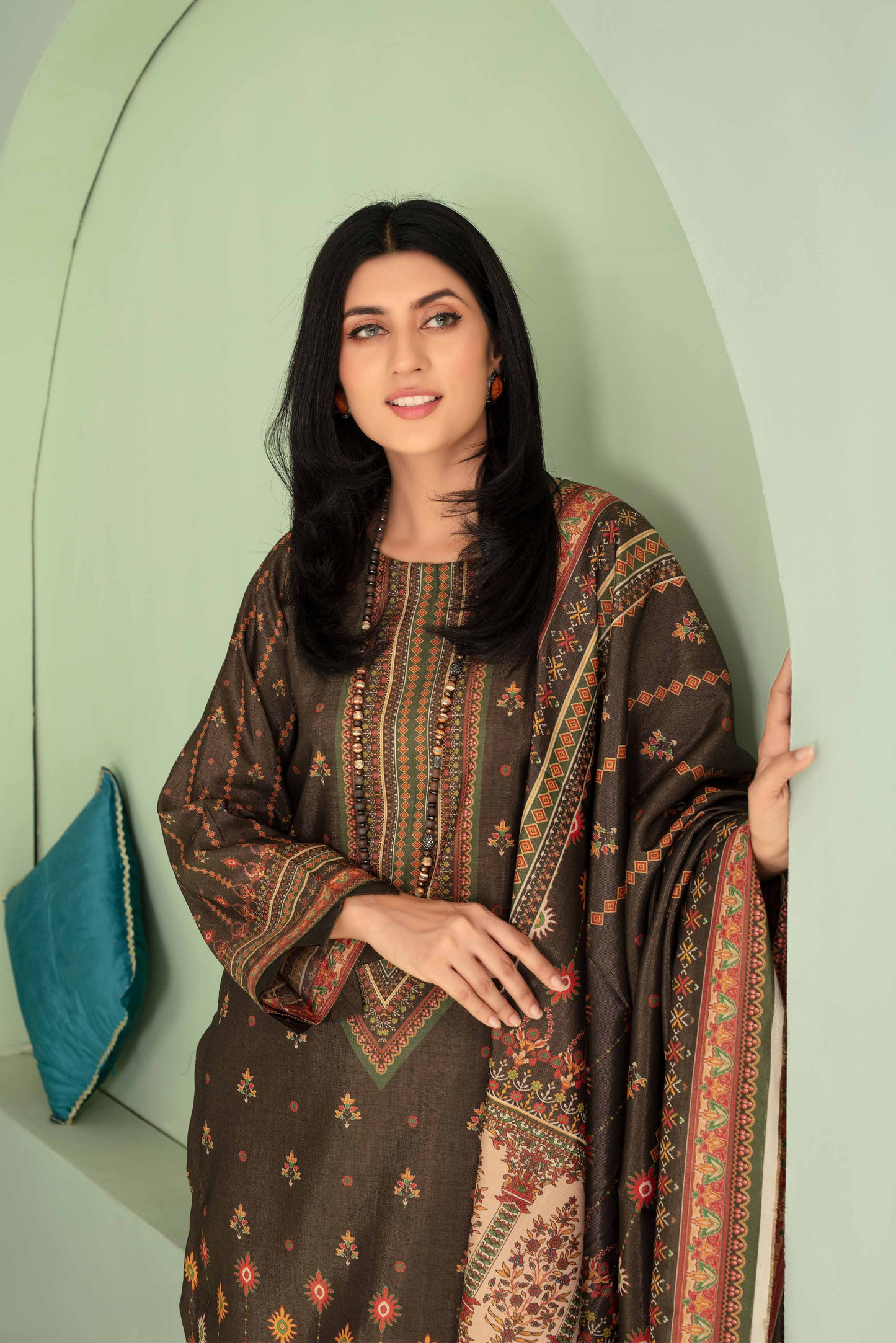 3 Pieces - Aizal Unstitched Brown Printed Shamray Linen Suit