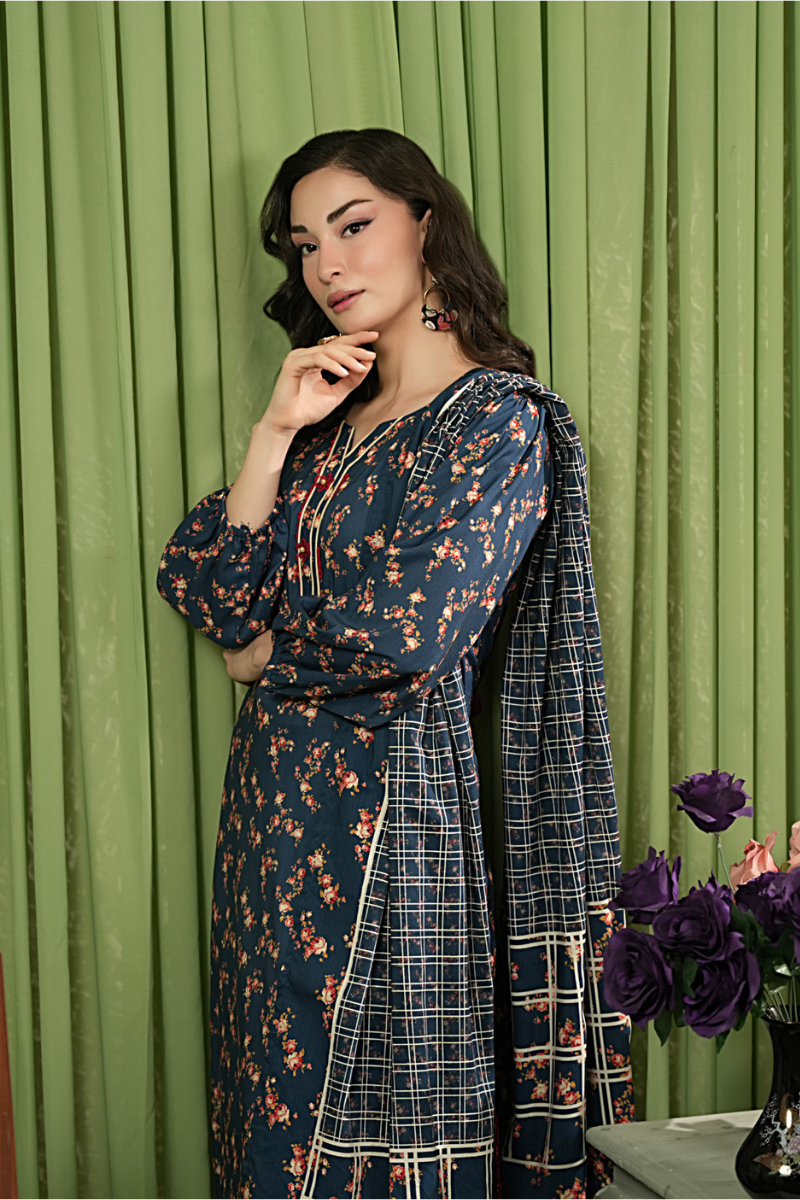 3 Pieces - Regalia Unstitched Blue Printed Linen Suit