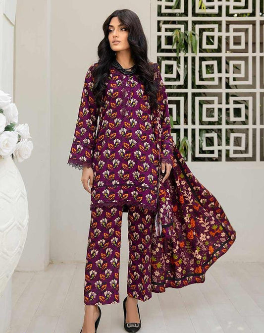 3 Pcs Women Unstitched Slub Linen Peinted Suit - Rania