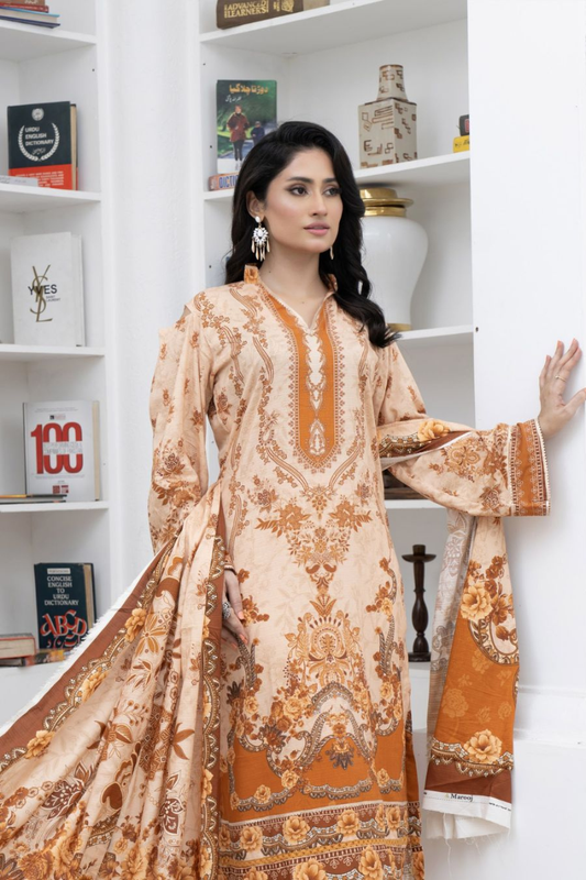 3 Piece - Marooj Unstitched Skin BanaDora Linen Suit