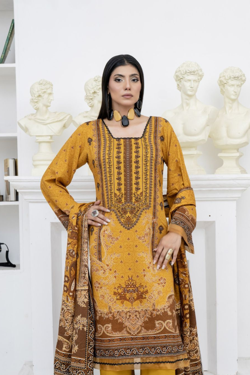 3 Piece - Marooj Unstitched Mustard BanaDora Linen Suit