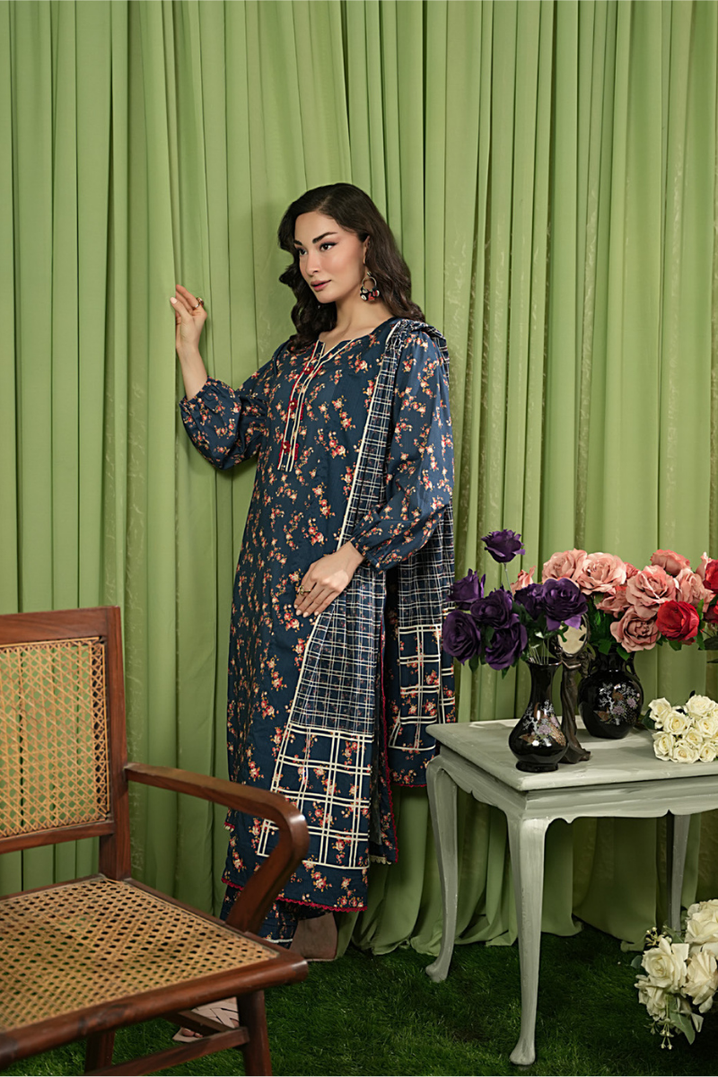 3 Pieces - Regalia Unstitched Blue Printed Linen Suit