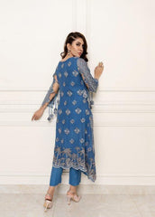 3 Pcs Noran Chiffon Embroidered Suit  (Orna-Lips Blue)