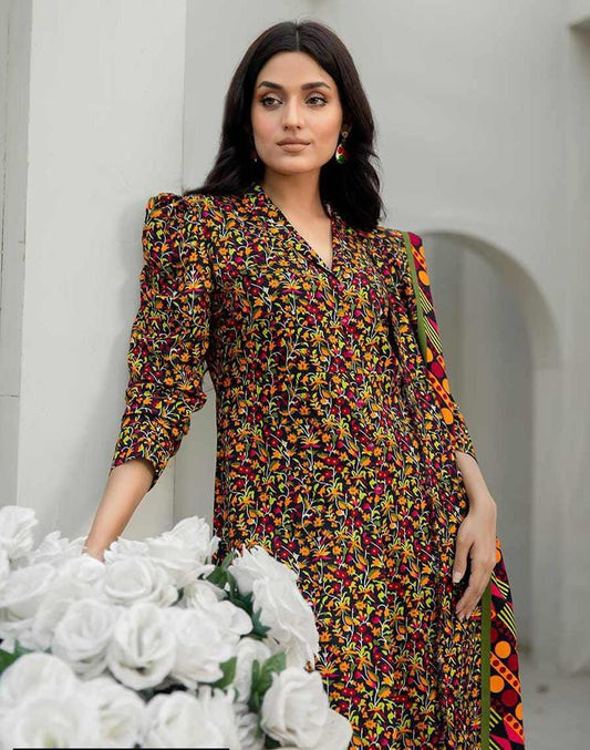 3pcs Women Unstitched Slub Linen Printed Suit - Rania