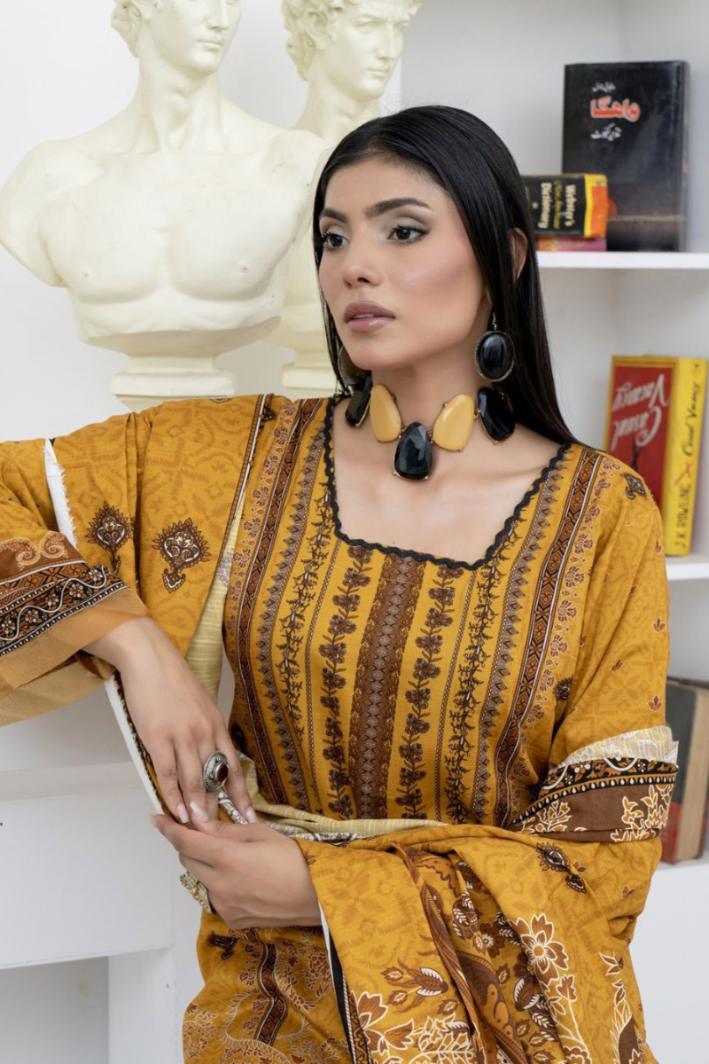 3 Piece - Marooj Unstitched Mustard BanaDora Linen Suit