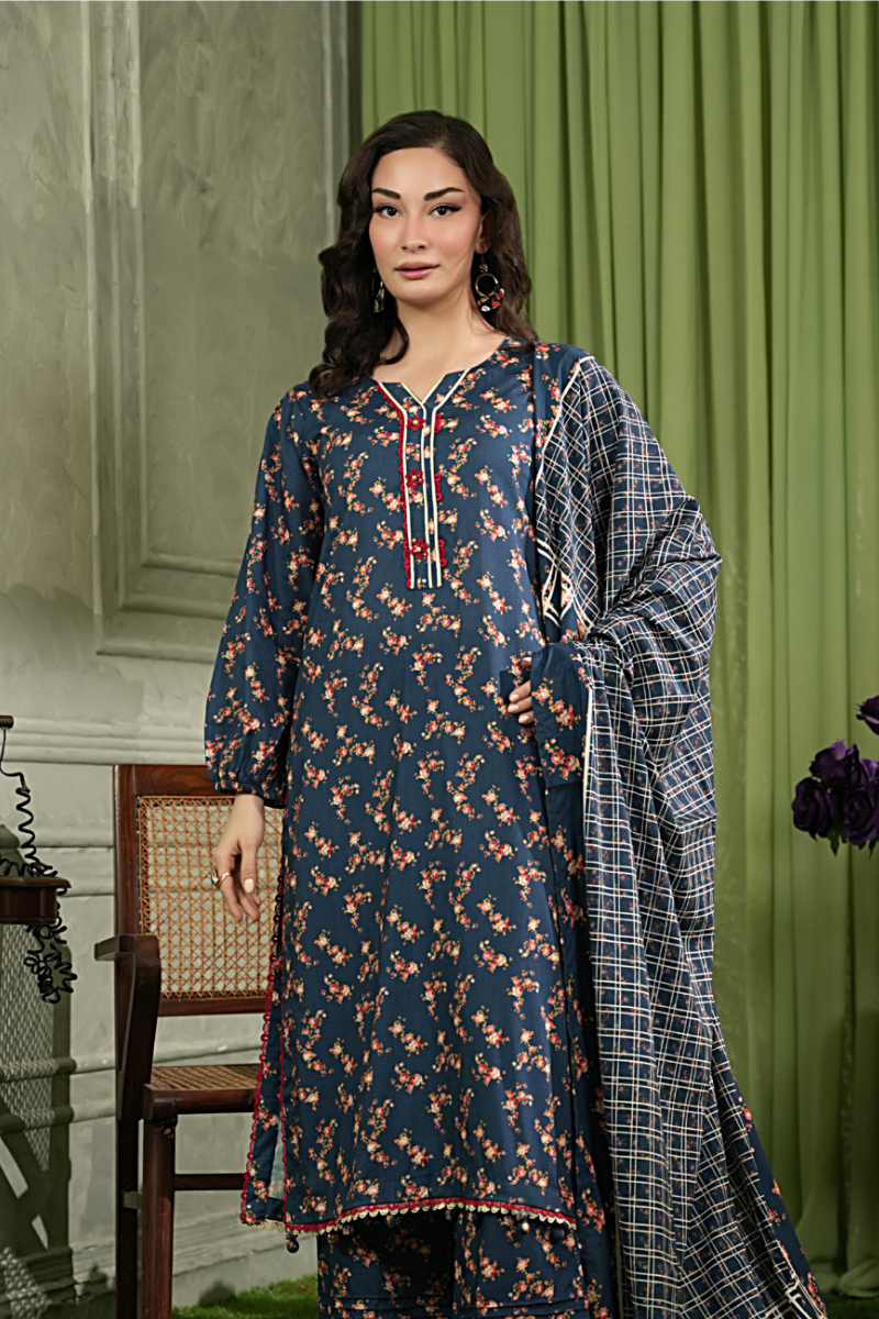 3 Pieces - Regalia Unstitched Blue Printed Linen Suit