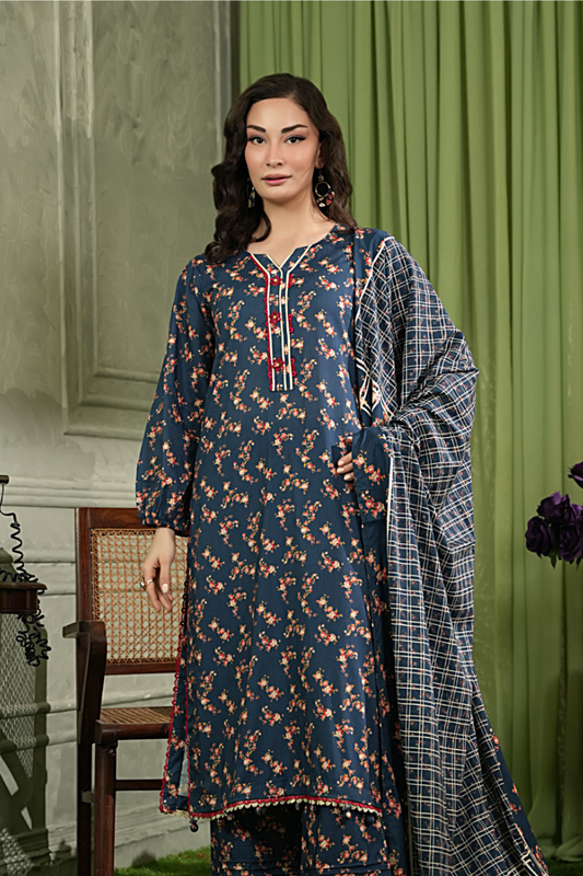 3 Pieces - Regalia Unstitched Blue Printed Linen Suit