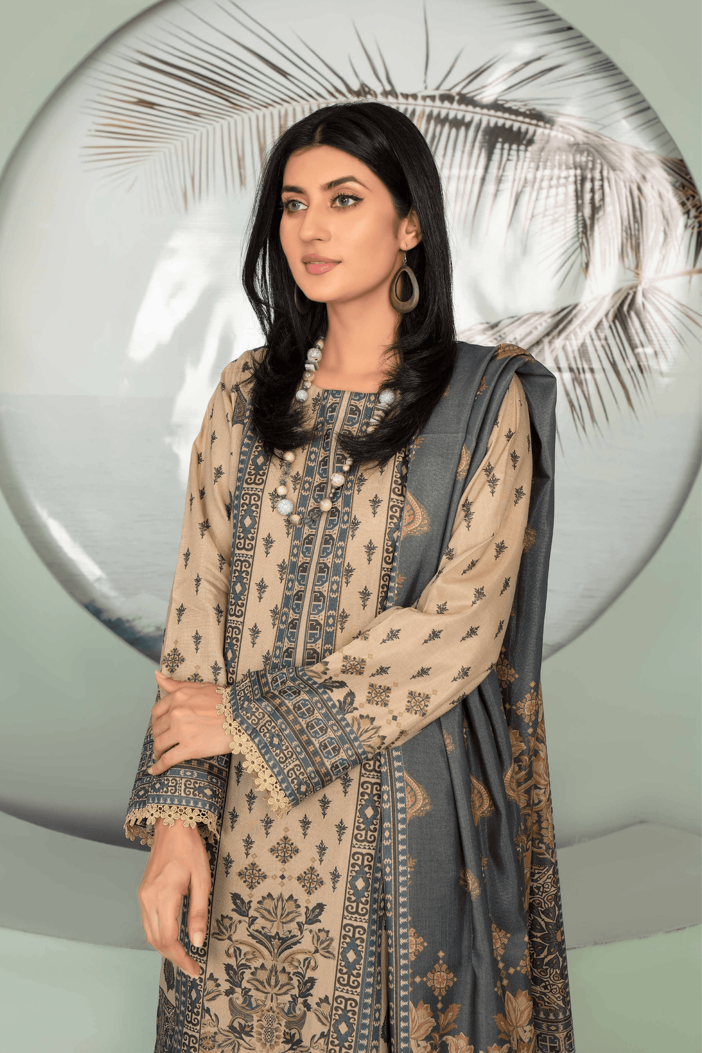 3 Pieces - Aizal Unstitched Skin Printed Shamray Linen Suit