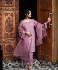 3 Pcs Women's Stitched Raw Silk Solid Suit