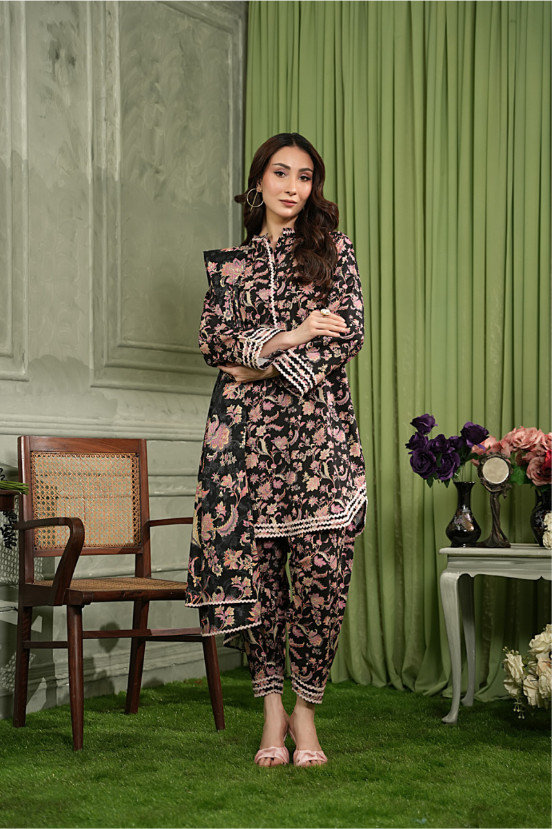 3 Pieces - Regalia Unstitched Black Printed Linen Suit