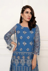 3 Pcs Noran Chiffon Embroidered Suit  (Orna-Lips Blue)