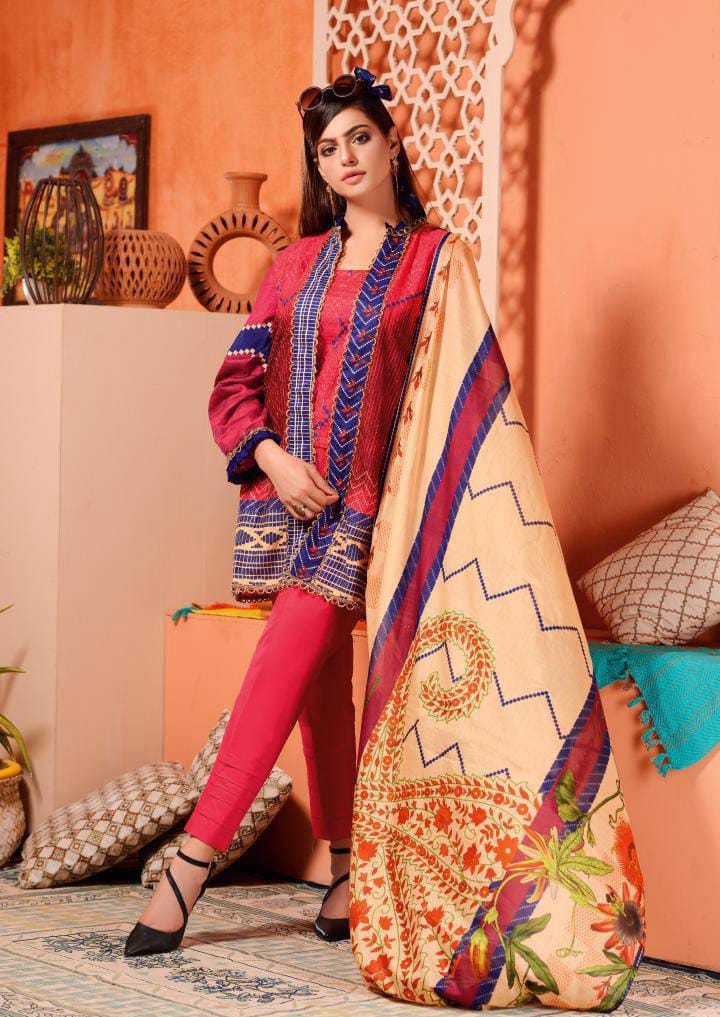 3 Pcs Women Unstitched Lawn Embroidered Suit SM-038