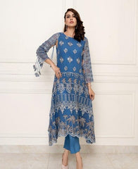 3 Pcs Noran Chiffon Embroidered Suit  (Orna-Lips Blue)