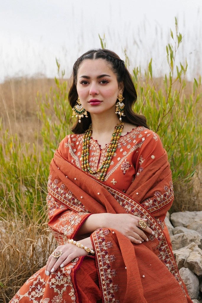 Qalamkar — 3pc on emb Lawn 90/70 with Chiffon Emb Dopatta