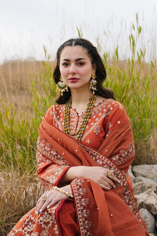 Qalamkar — 3pc on emb Lawn 90/70 with Chiffon Emb Dopatta